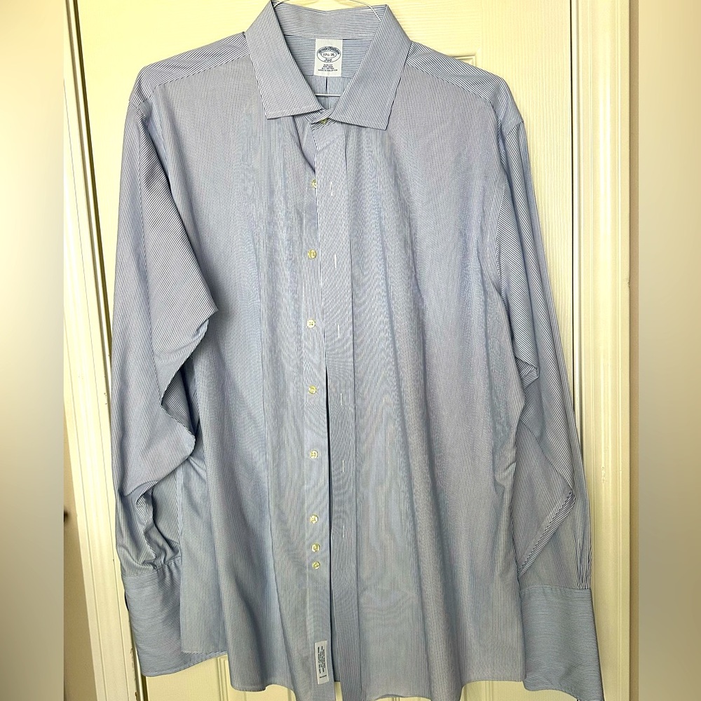 BROOKS BROTHERS Navy Pin Stripes French Cuff Button Down 17.5-35 Slim Fit